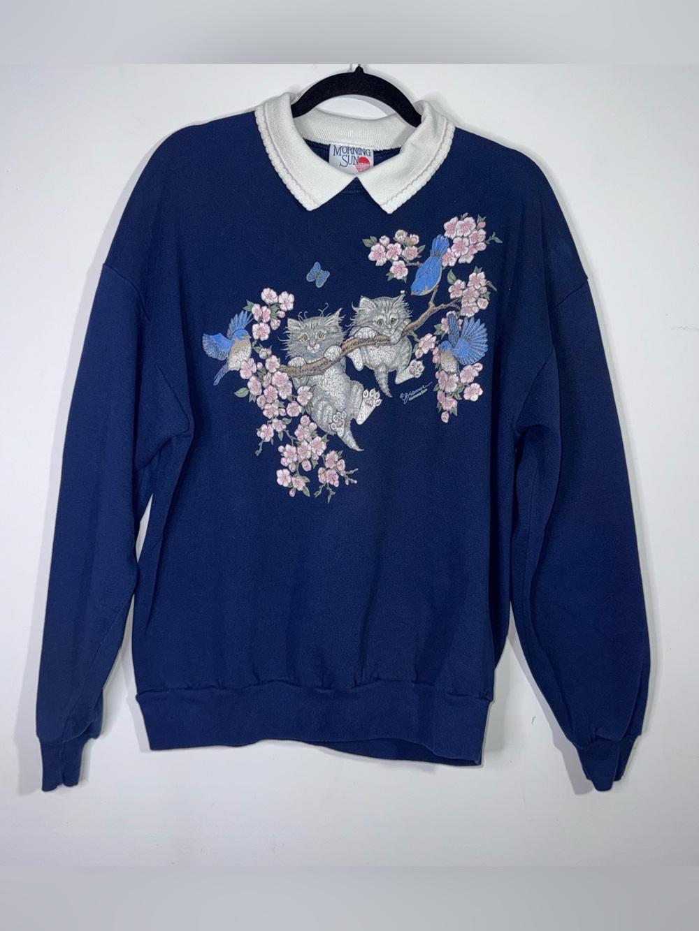 Vintage 90s Morning Sun Cat Bird Floral Collared Sweatshirt Navy Blue XL USA